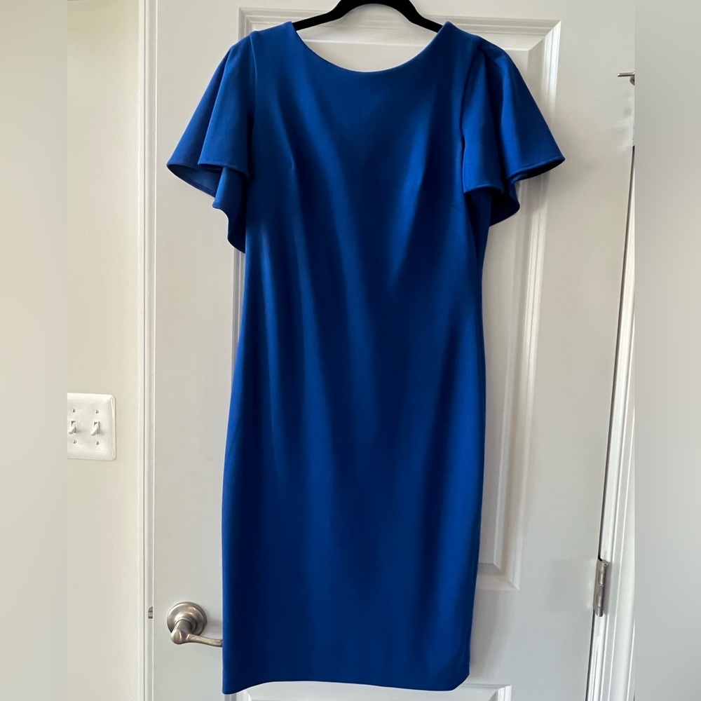 Calvin Klein Blue Ribbed Sheath Dress with Flutter Sleeves